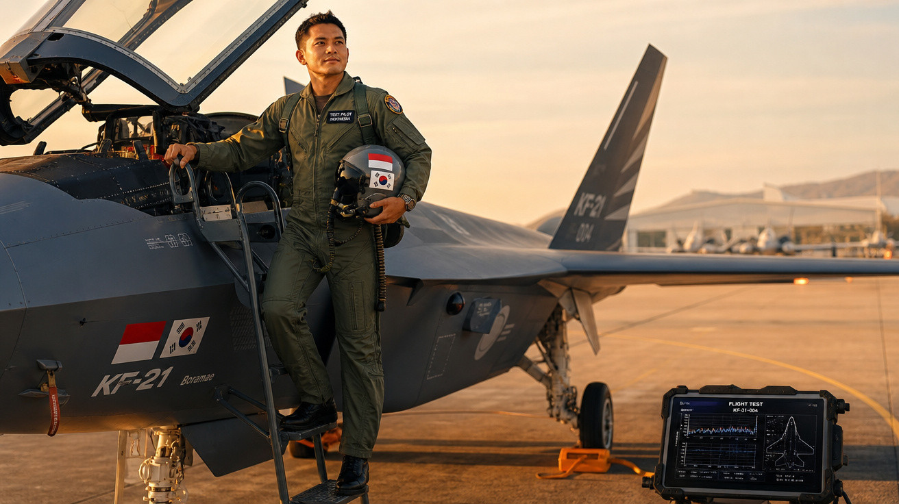 Piloto militar sul-coreano com uniforme verde encostado em caça KF-21 no pôr do sol no aeroporto.