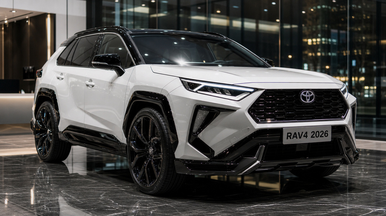 Toyota RAV4 2026 branco com teto preto em ambiente interno moderno e iluminado à noite.