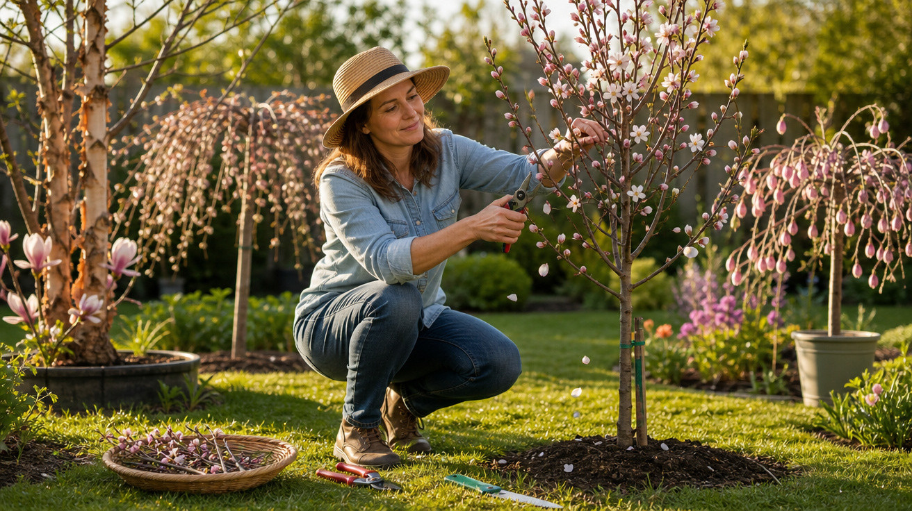 Mulher com chapéu podando árvore florida em jardim ensolarado com cesta de flores ao lado.