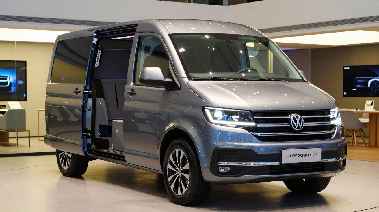 Furgão Volkswagen Transporter Cargo cinza com porta lateral aberta em showroom moderno e iluminado.