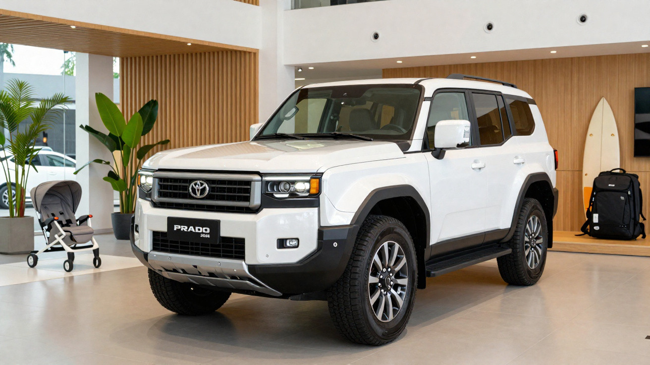 Toyota Prado 2024 branco em exposição dentro de showroom moderno com plantas e objetos ao redor.