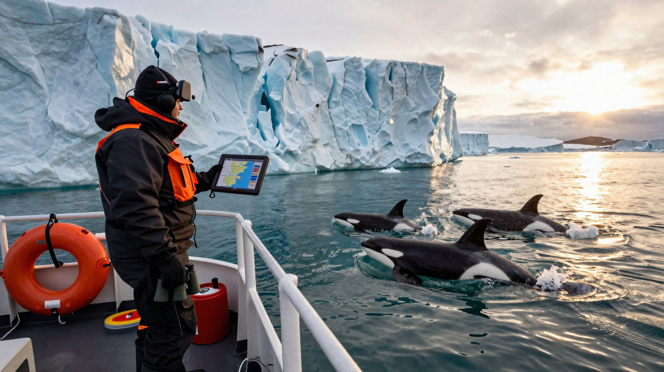 Pessoa em barco observa três orcas nadando próximas a um grande icebergue sob céu nublado.