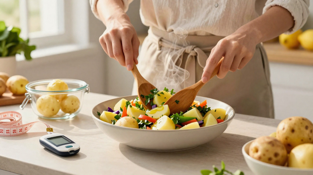 Pessoa mexendo salada quente de batata e vegetais com medidor glicêmico na bancada da cozinha.