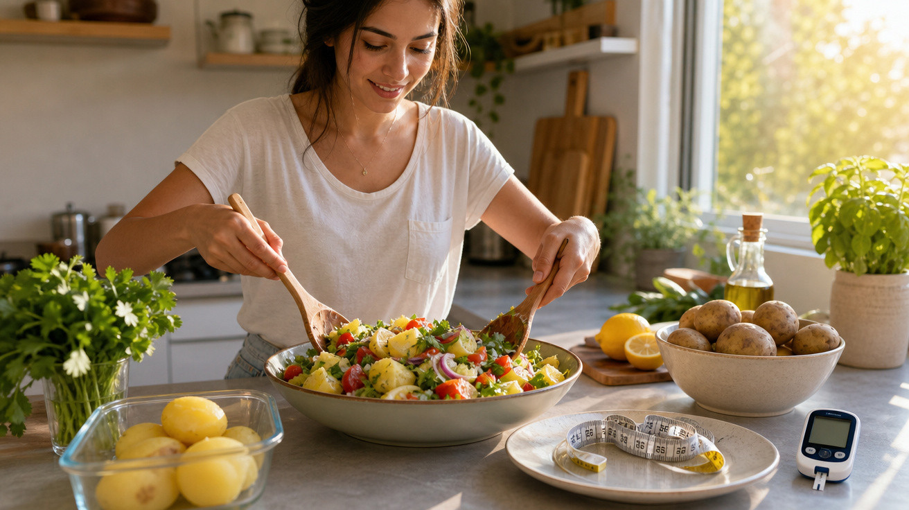 Mulher prepara salada de legumes frescos em cozinha iluminada, com legumes e medidor na bancada.
