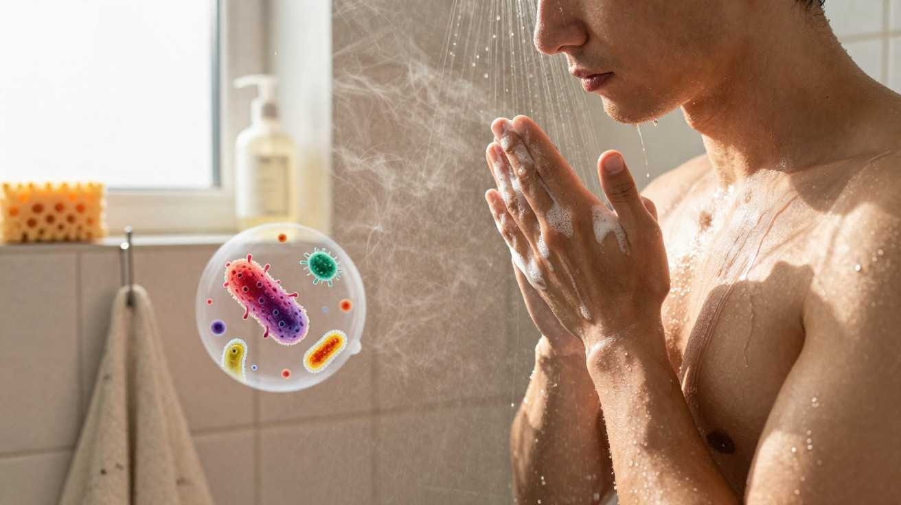 Homem tomando banho com espuma nas mãos e representação gráfica de vírus em gota d'água.