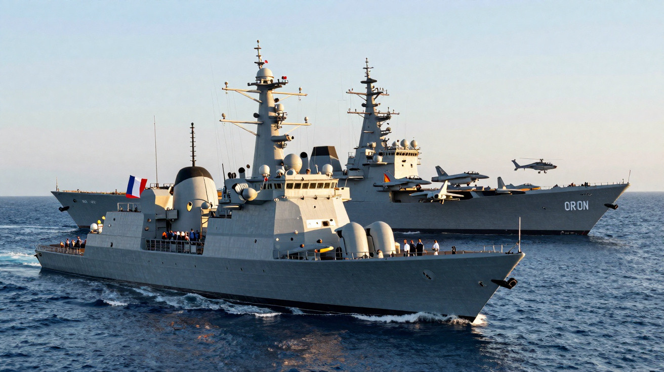 Dois navios de guerra cinza no mar, um com bandeira da França e outro com aeronaves a bordo.
