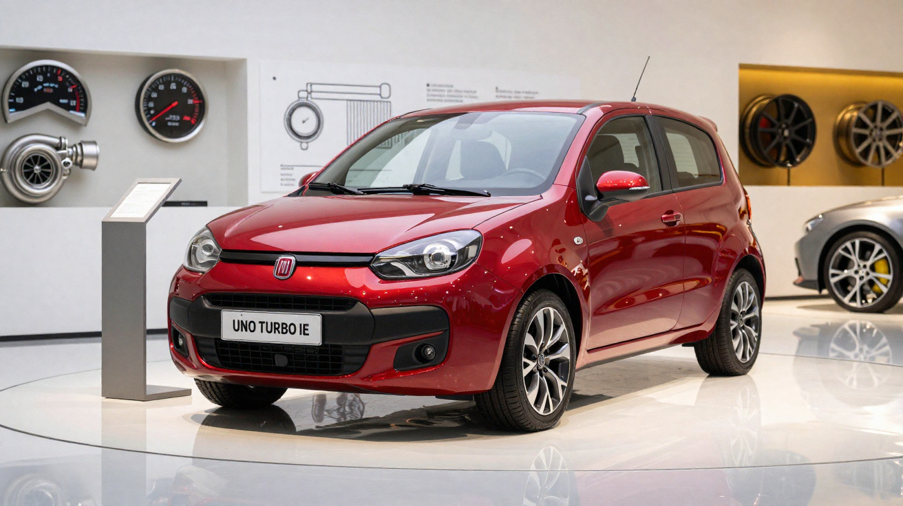Carro Fiat Uno Turbo IE vermelho exibido em estande com rodas e peças automotivas ao fundo.