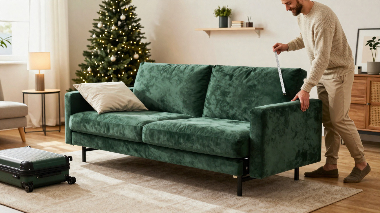 Homem medindo sofá verde em sala com árvore de Natal decorada ao fundo.