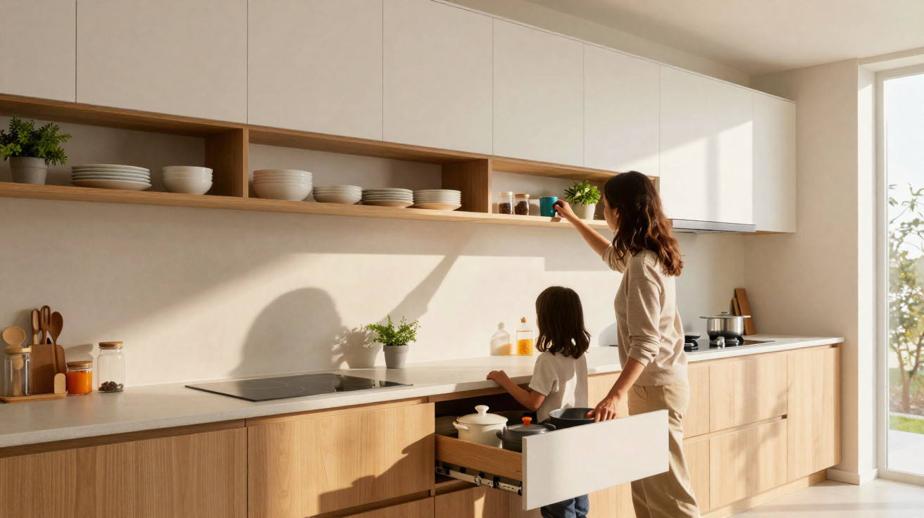 Mulher e criança organizam utensílios em cozinha moderna clara e iluminada por luz natural.