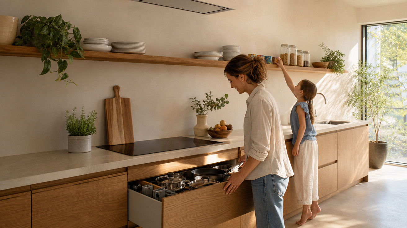 Mulher e menina organizando utensílios de cozinha em armários e prateleiras de cozinha moderna e iluminada.