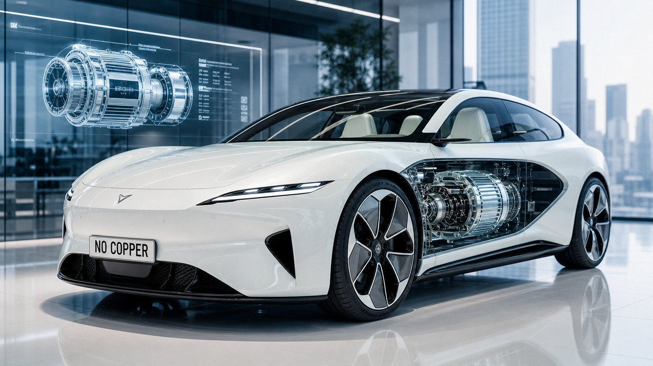 Carro elétrico branco em showroom com motor elétrico transparente destacado na lateral e holograma acima.