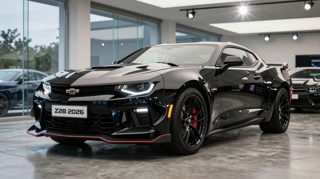 Carro esportivo preto Chevrolet Z28 2026 em salão com piso de concreto polido.