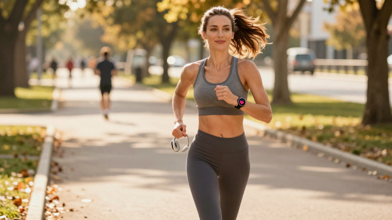 Mulher jovem correndo em parque com roupa esportiva cinza e relógio inteligente no pulso.