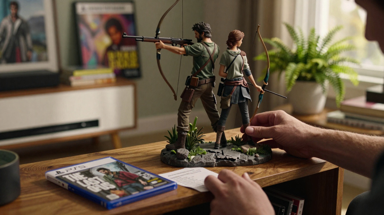 Pessoa ajusta estátua de personagens com arco e flecha em mesa com jogo The Last of Us para PS5.