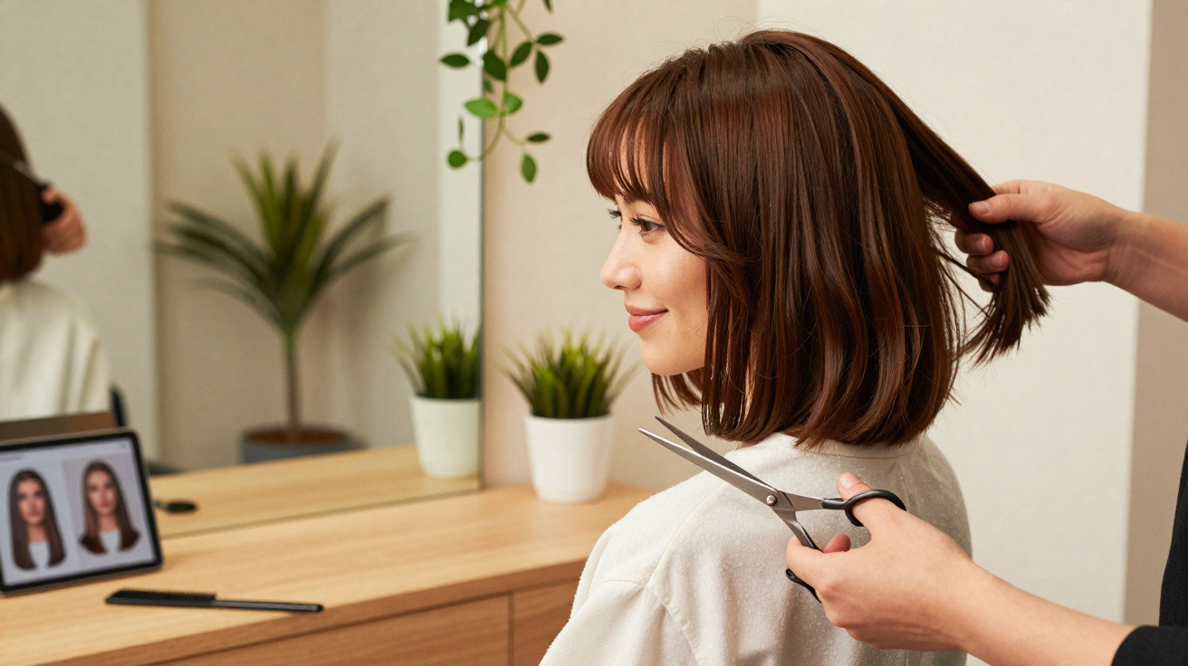 Mulher sorrindo sentada em salão, cabelo castanho sendo cortado com tesoura por cabeleireiro.