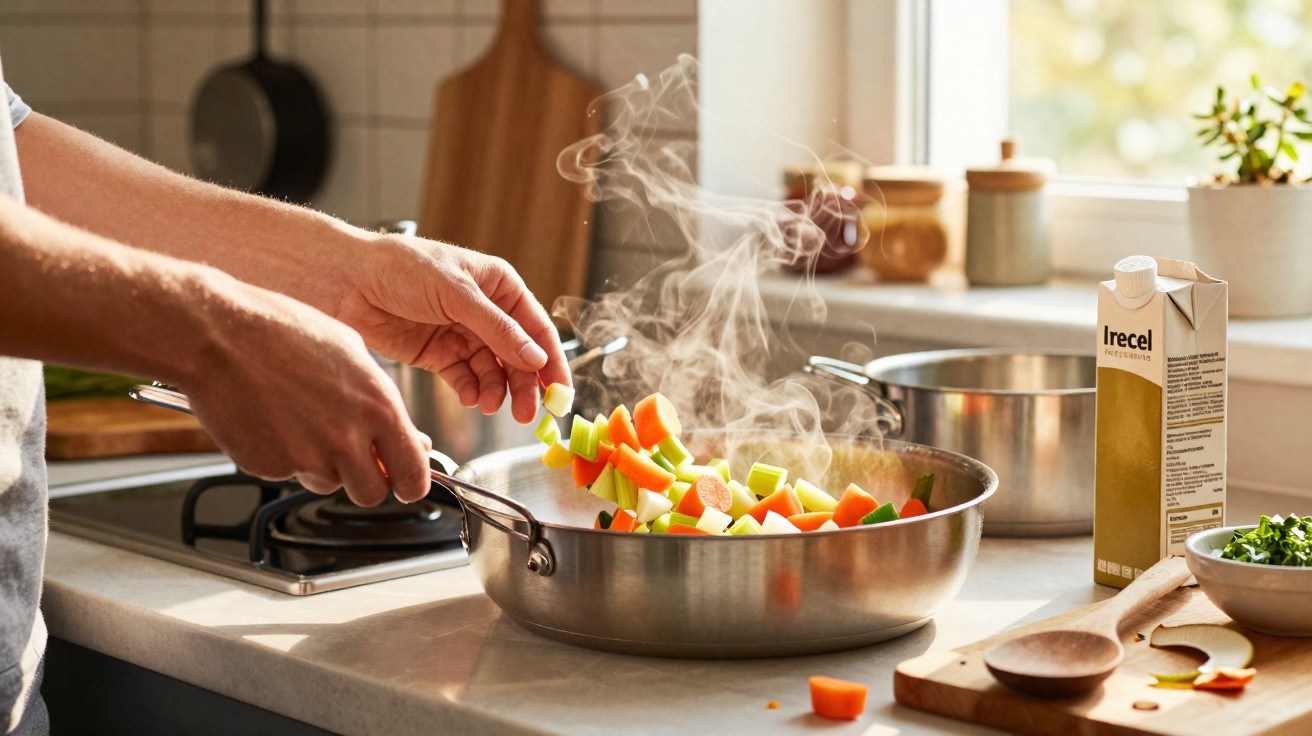 Mãos adicionando legumes coloridos em frigideira fumegante na cozinha iluminada por luz natural.