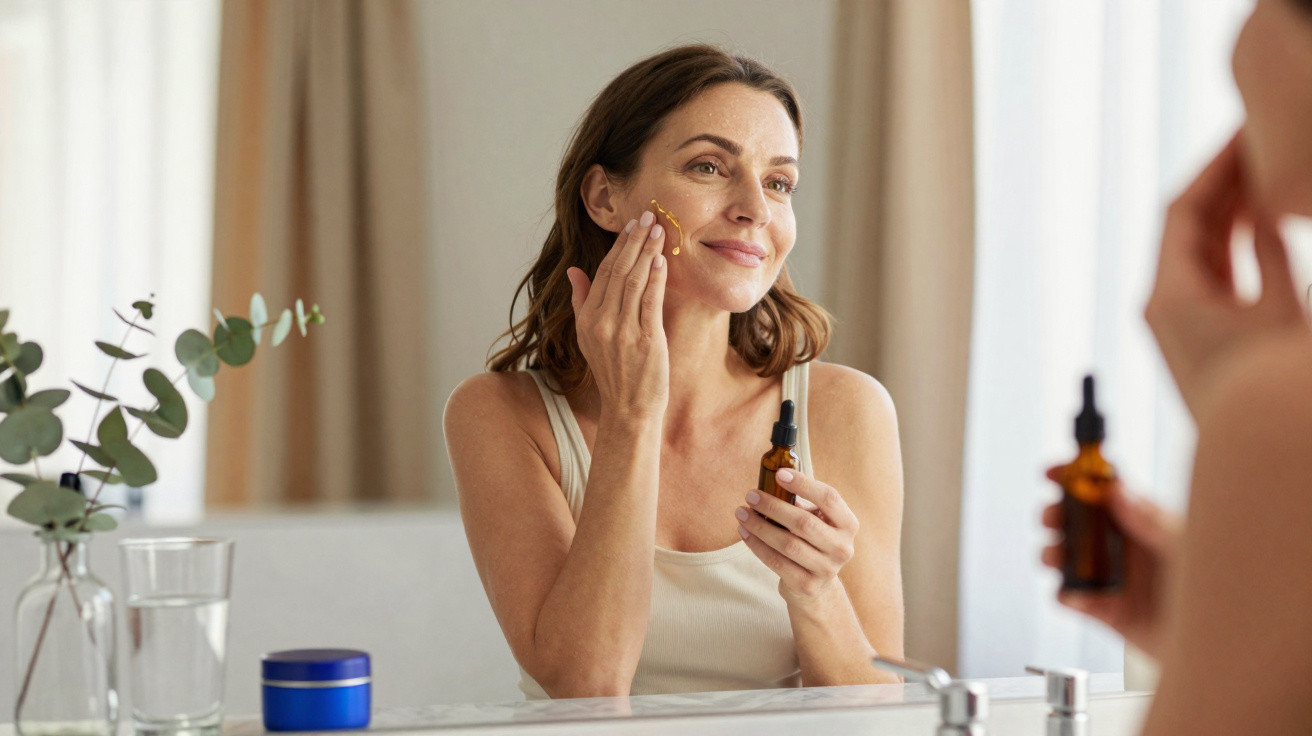 Mulher aplica sérum facial em frente ao espelho no banheiro, com plantas e produtos de beleza na pia.