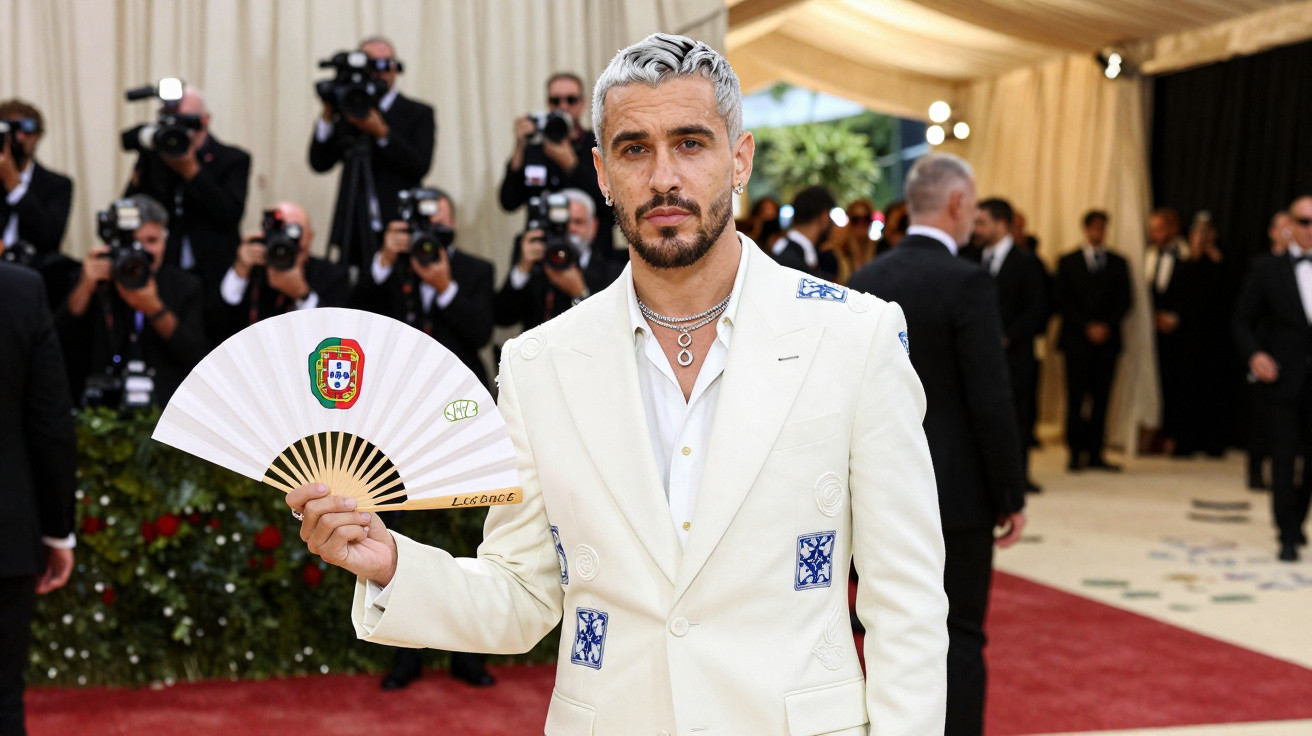 Homem com terno branco e cabelo grisalho segurando leque em evento com fotógrafos ao fundo.
