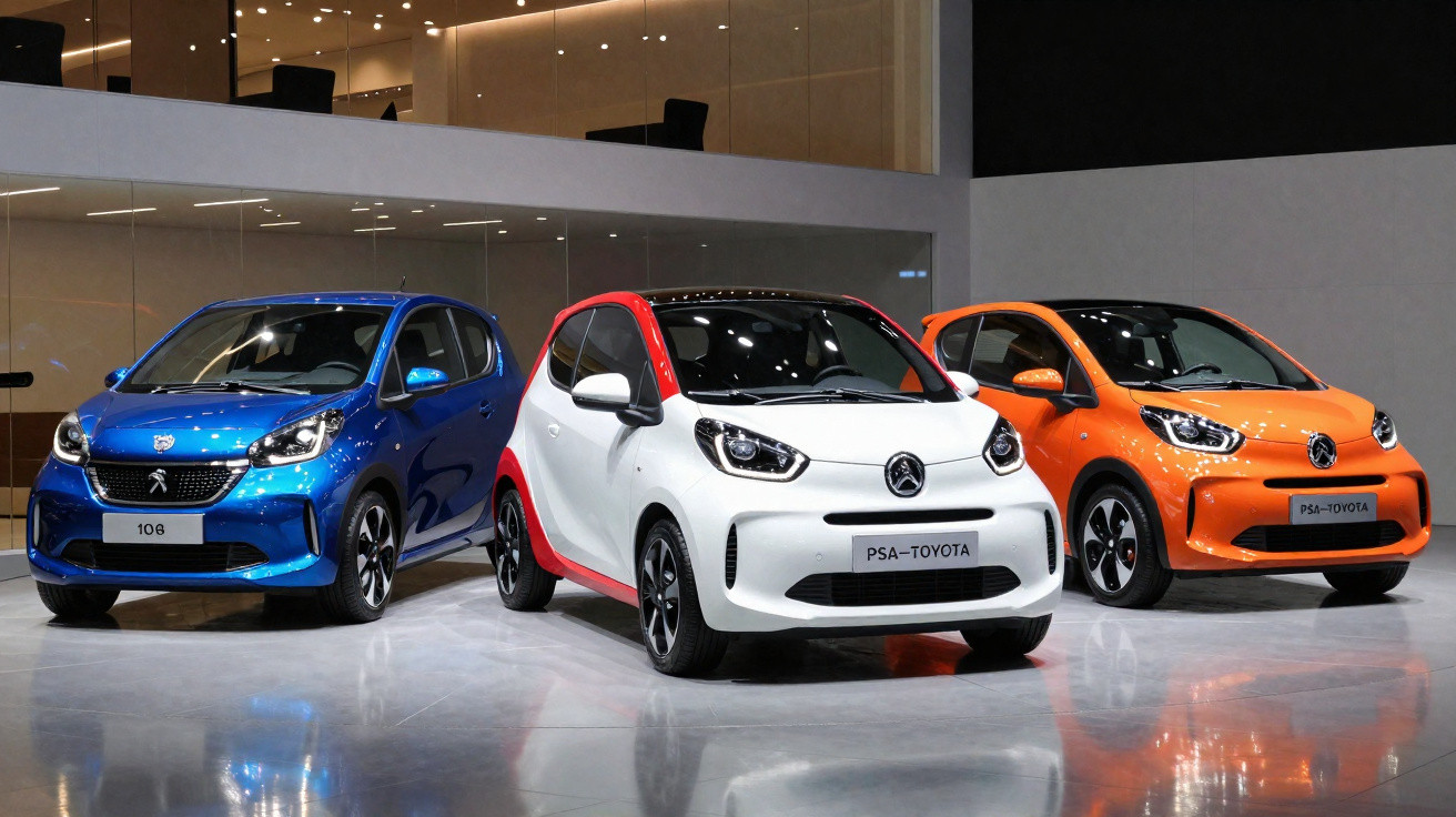Três carros compactos estacionados em ambiente interno com acabamento moderno, nas cores azul, branco com vermelho, e laranja
