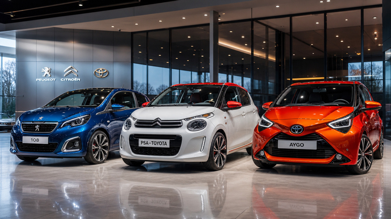 Três carros compactos expostos em showroom com marcas Peugeot, Citroën e Toyota, refletidos no piso brilhante.
