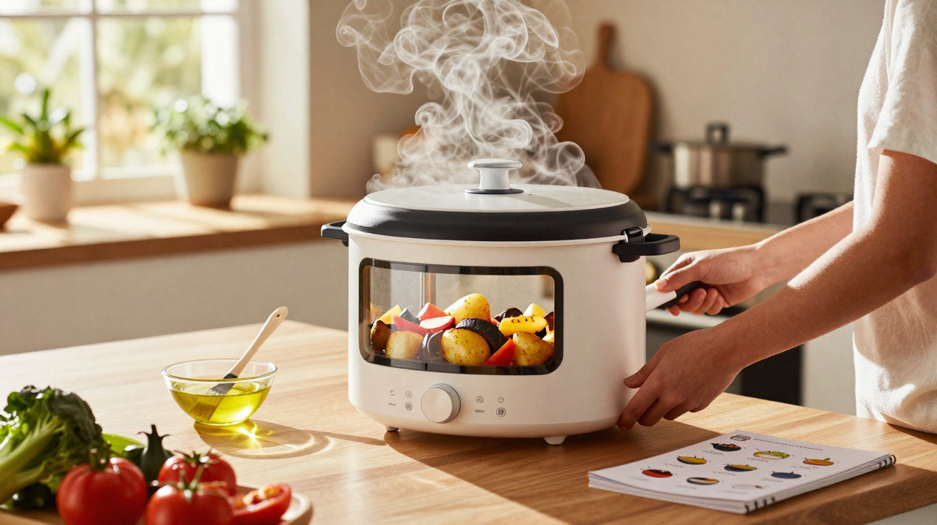 Panela elétrica com tampa transparente cozinhando legumes variados em uma cozinha moderna.