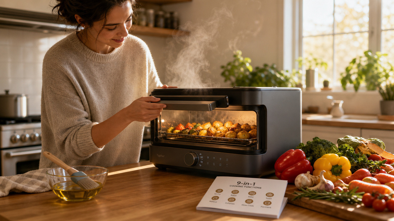 Mulher abrindo forno elétrico com legumes assados em cozinha com bancada de madeira e vegetais frescos.