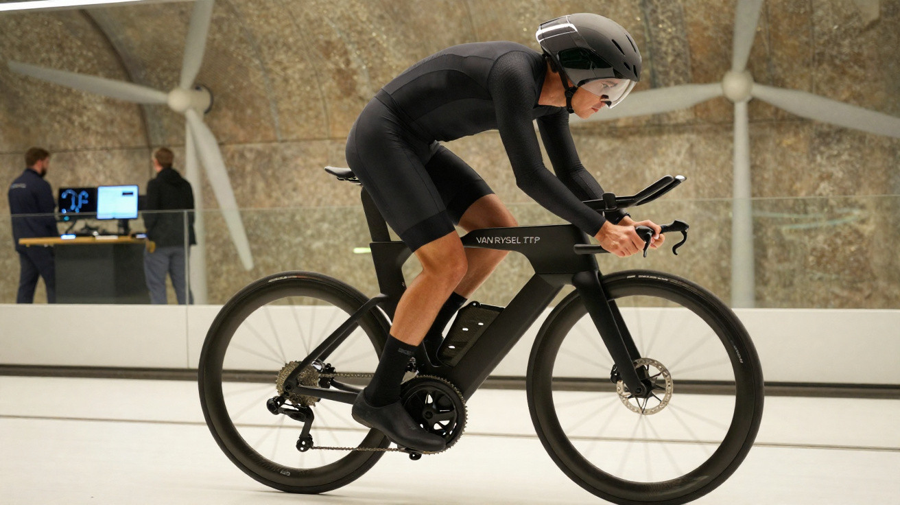 Atleta com roupa e capacete preto anda em bicicleta aerodinâmica em ambiente interno com duas pessoas ao fundo.