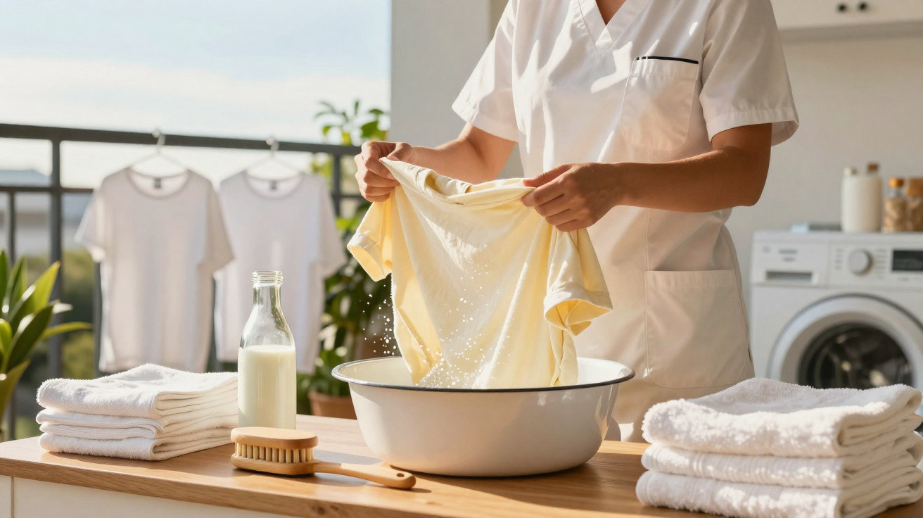 Pessoa lavando roupa branca à mão em bacia com produtos, próxima a máquina de lavar e toalhas dobradas.