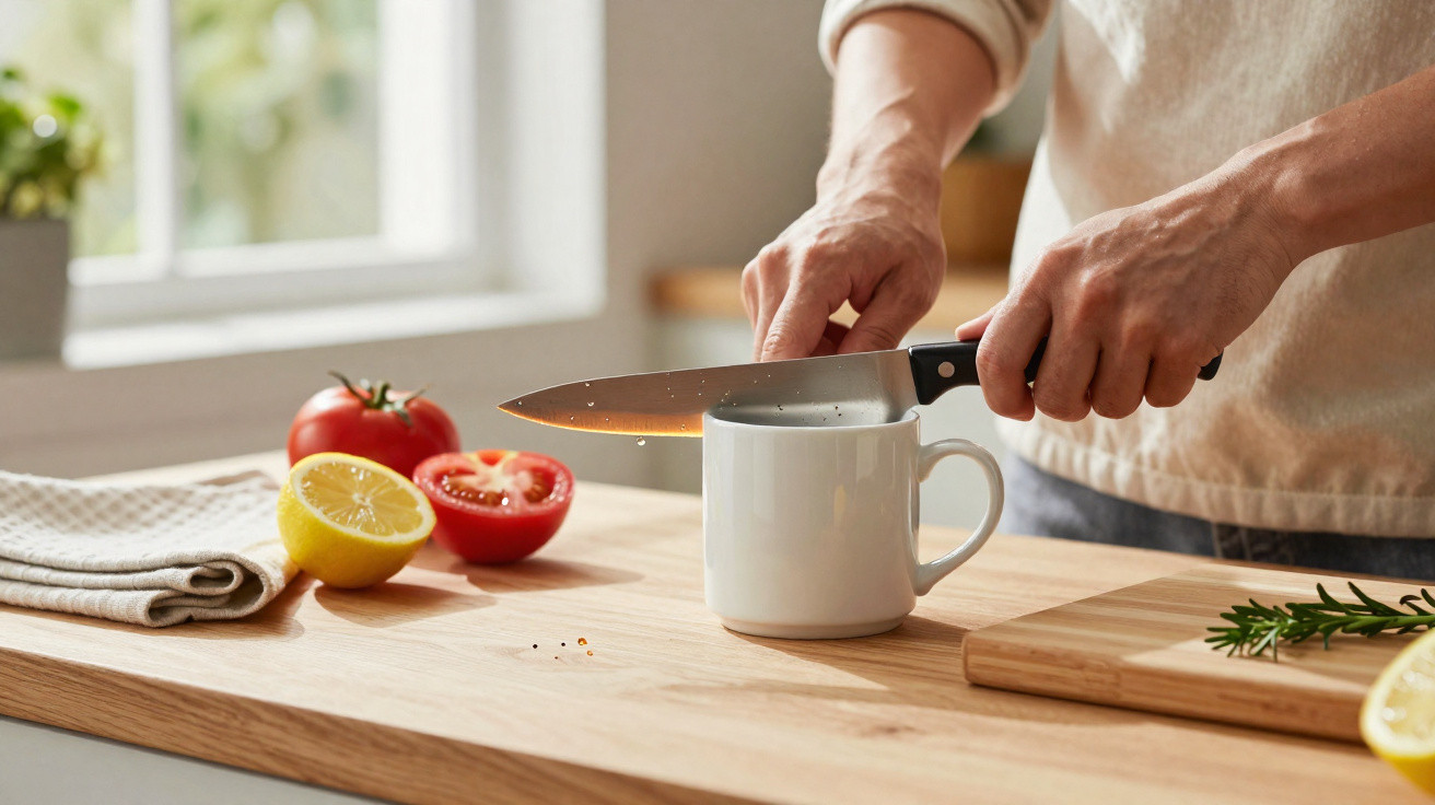 Pessoa usando faca para pegar sal com um copo branco sobre bancada de madeira, com tomate e limão ao lado.