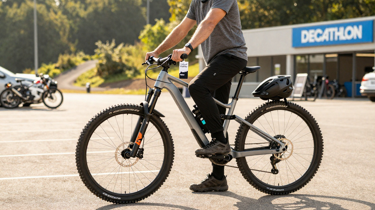 Pessoa montando bicicleta elétrica cinza em estacionamento com loja Decathlon ao fundo.