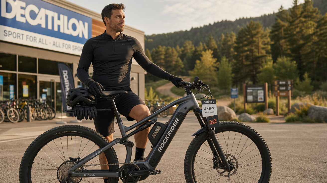 Homem com roupa esportiva preta segurando capacete ao lado de bicicleta elétrica em frente à loja Decathlon.