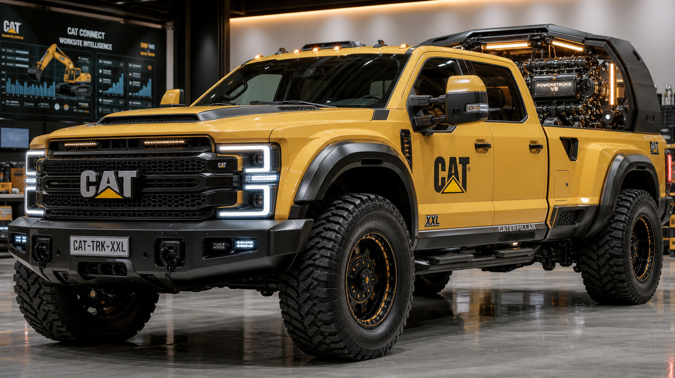 Picape amarela Caterpillar CAT XXL com motor exposto e pneus off-road em ambiente interno.