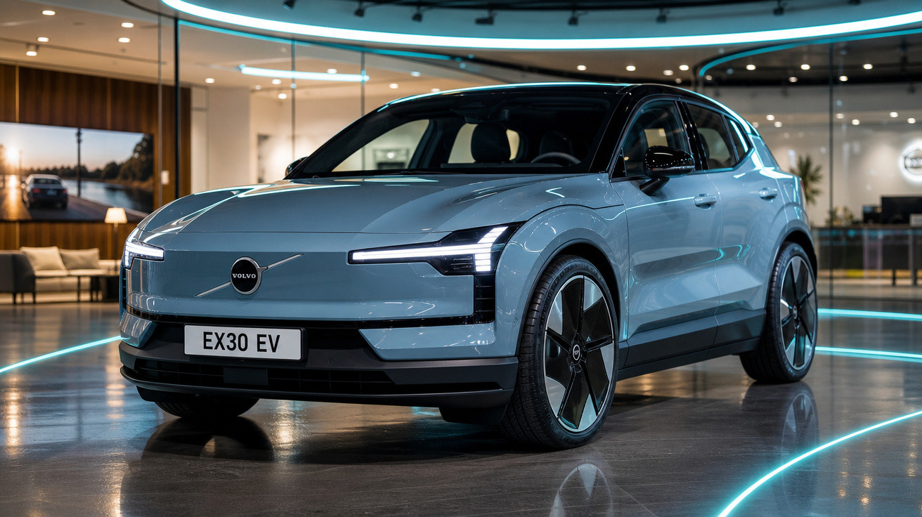 Carro elétrico Volvo EX30 EV cinza exibido em showroom moderno com iluminação azul.