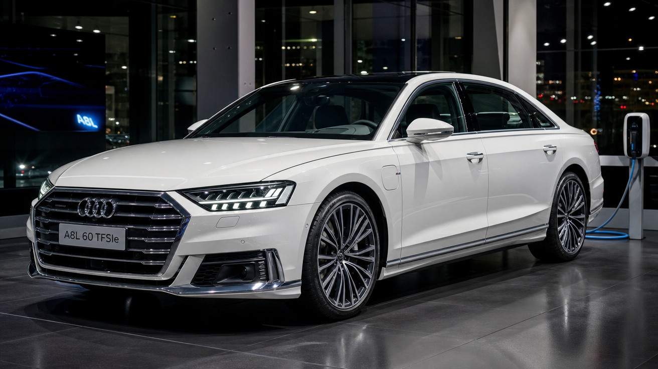 Carro elétrico Audi A8L 60 TFSIe branco estacionado em showroom moderno à noite.