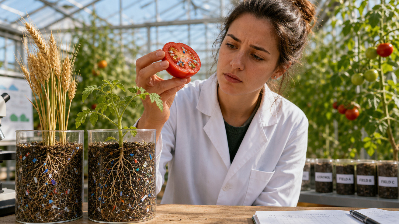 Mulher cientista examina um tomate cortado em estufa com plantas e amostras de solo em vasos de vidro.