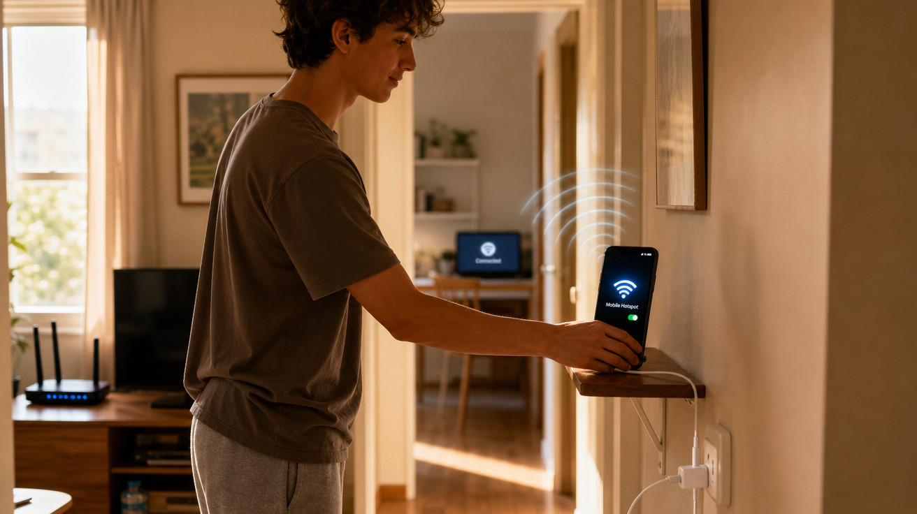 Homem configurando ponto de acesso móvel com smartphone em prateleira na parede em casa.