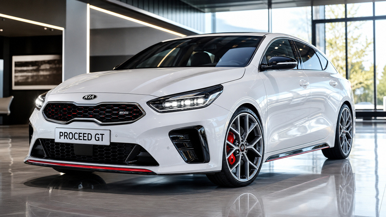 Carro branco Kia Proceed GT esportivo estacionado em ambiente interno com iluminação natural e teto escuro.