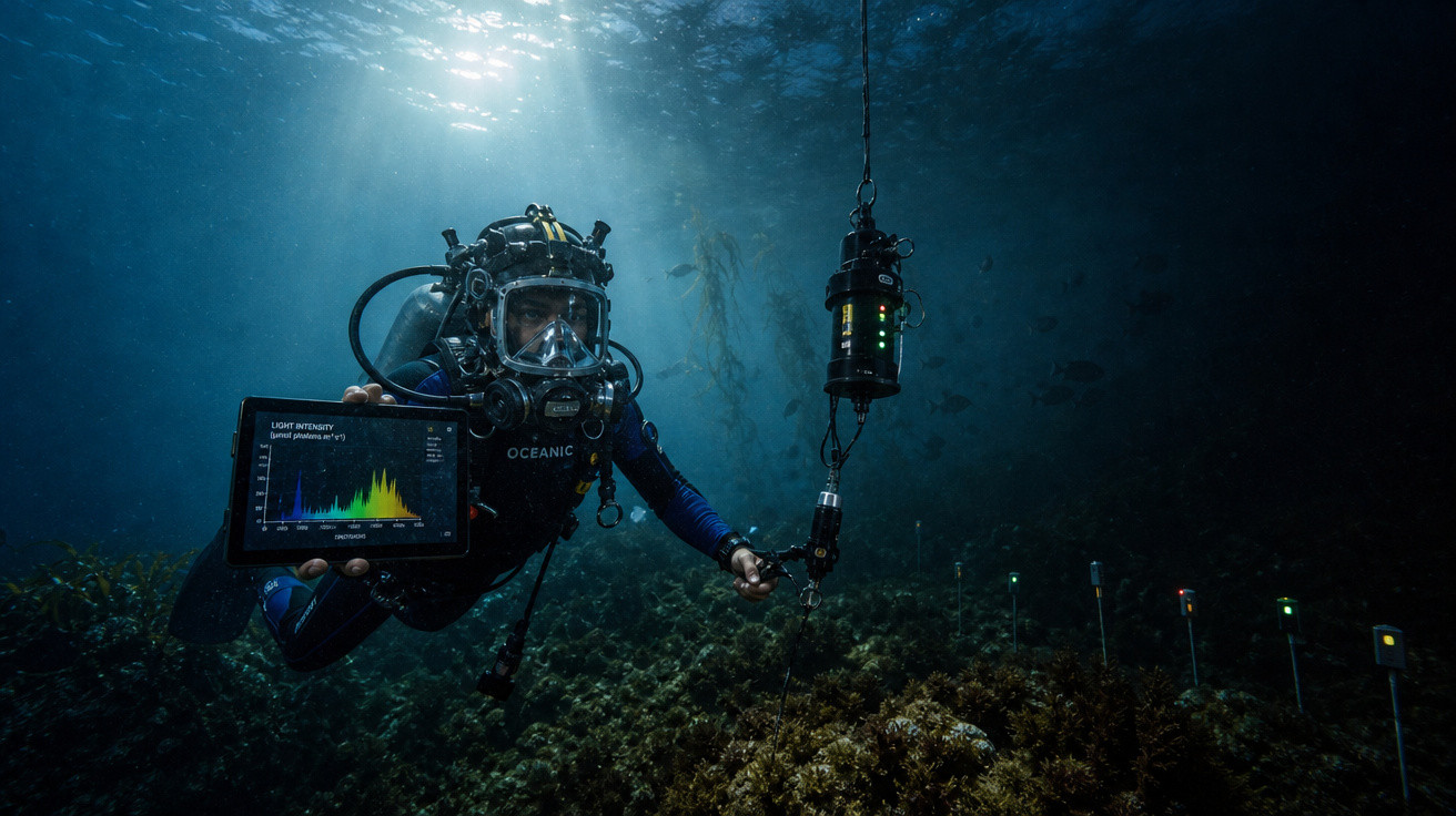 Mergulhador equipado coleta dados em dispositivo subaquático próximo a corais no fundo do mar.