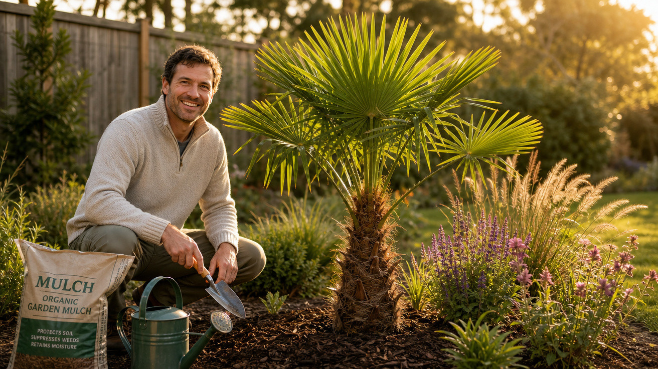 Homem sorridente cuidando de jardim com regador, pá e palmeira ao pôr do sol.