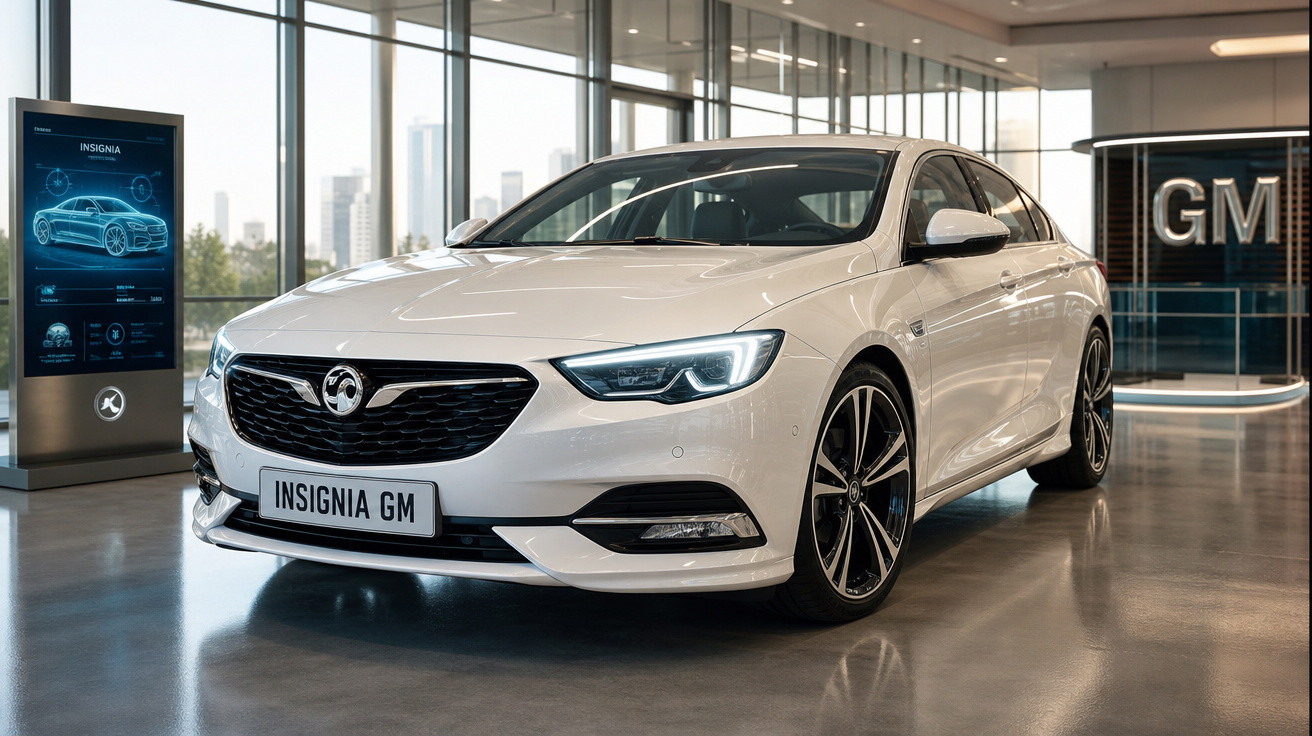 Carro branco modelo Insignia GM em exposição interna com iluminação natural e placa frontal visível.