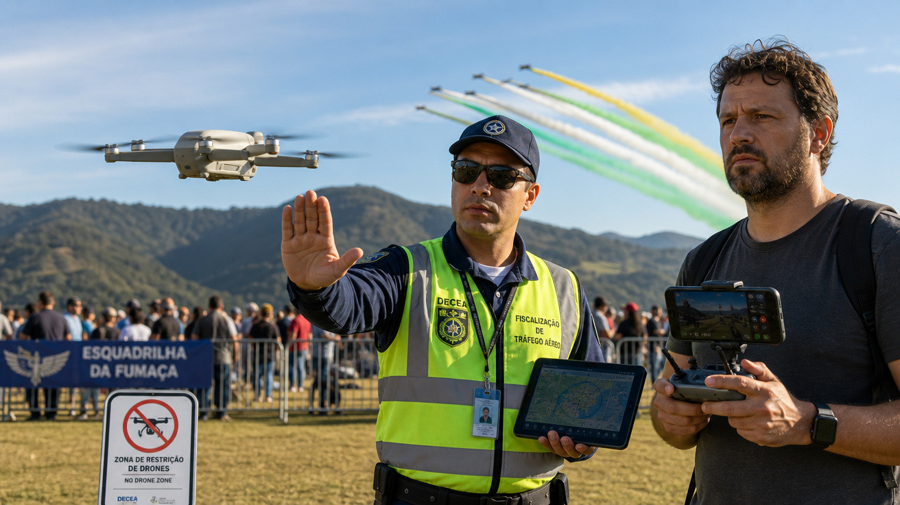 Agente de fiscalização aérea controla voo de drone em área com público e avião colorido no céu.