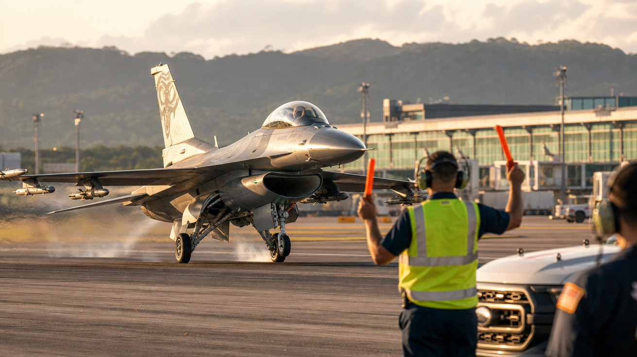 Avião de caça pousando em aeroporto militar com operadores de solo orientando a pista ao entardecer.