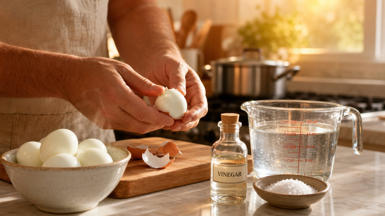 Pessoa descascando ovo cozido com tigela de ovos, vinagre e sal sobre bancada de cozinha iluminada.