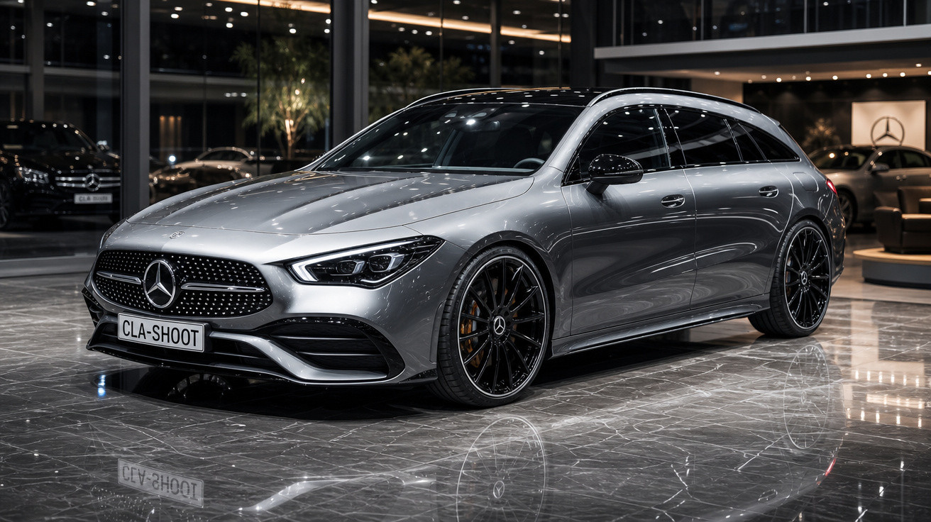 Carro Mercedes-Benz CLA Shooting Brake prata estacionado em showroom moderno com piso de mármore.