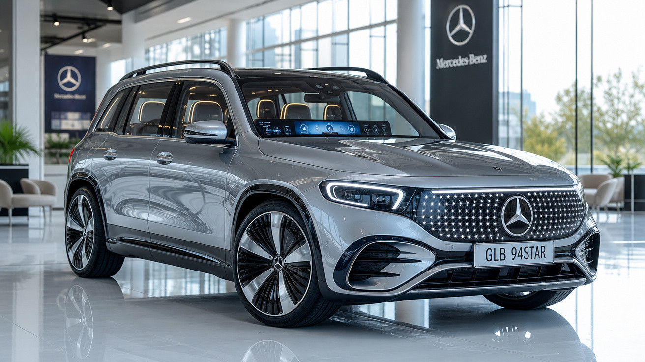 Carro SUV Mercedes-Benz cinza exibido em showroom moderno com iluminação natural e placas "GLB 94STAR".