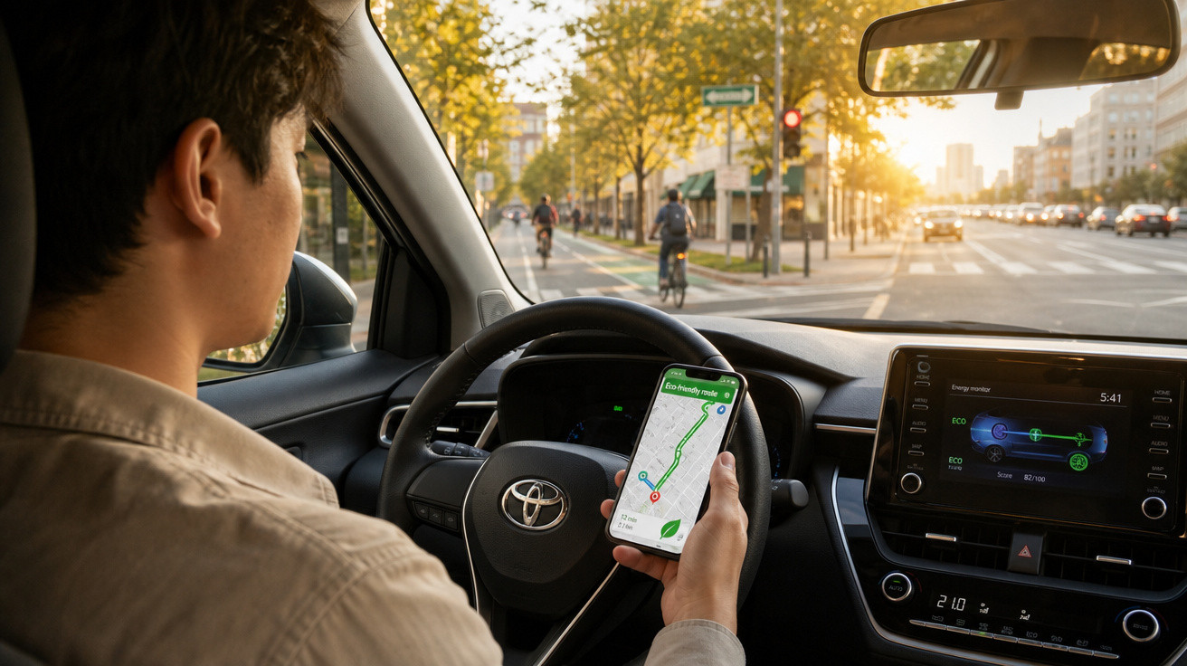Pessoa dirigindo carro Toyota com mapa eco-friendly no celular em rua urbana ao entardecer.