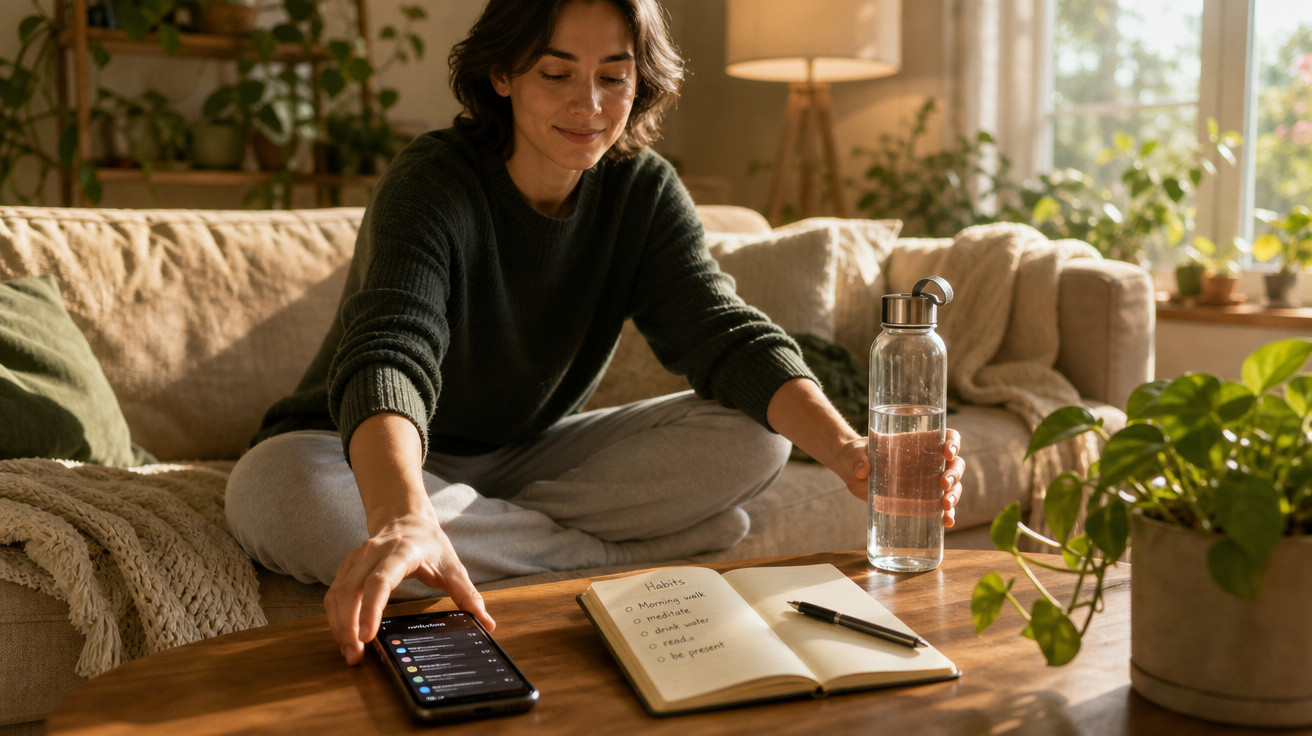 Mulher sentada no sofá acessando o celular, com caderno aberto e garrafa d'água à frente.