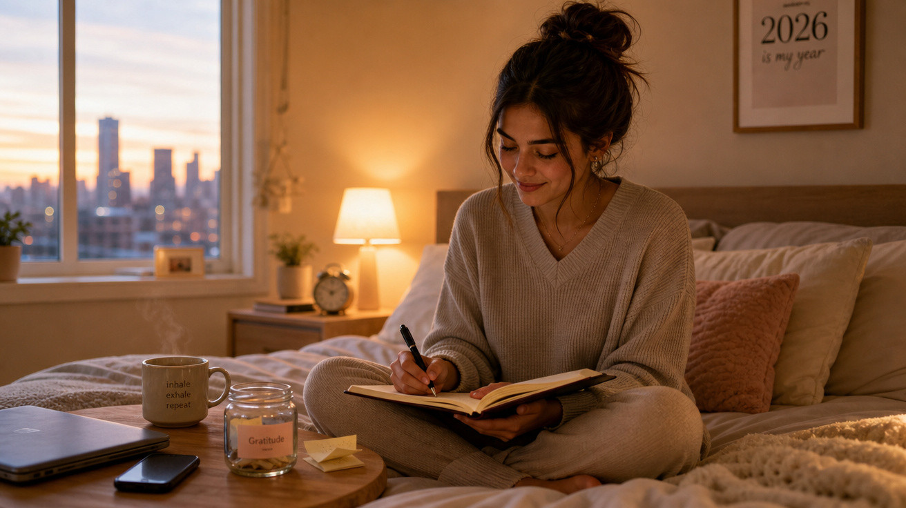 Mulher sentada na cama escrevendo em um caderno, com luzes quentes e vista urbana ao entardecer.