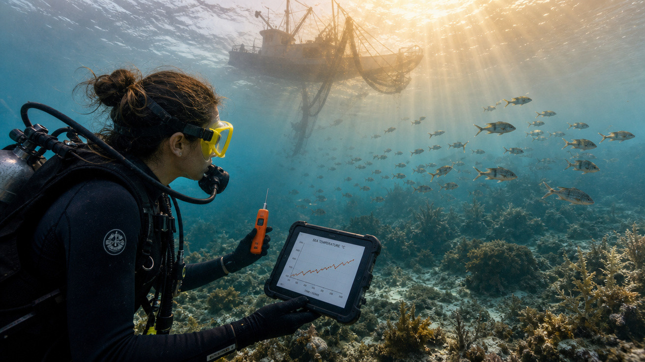 Mergulhadora com equipamento de pesquisa subaquática coleta dados próximos a cardume e navio na superfície.
