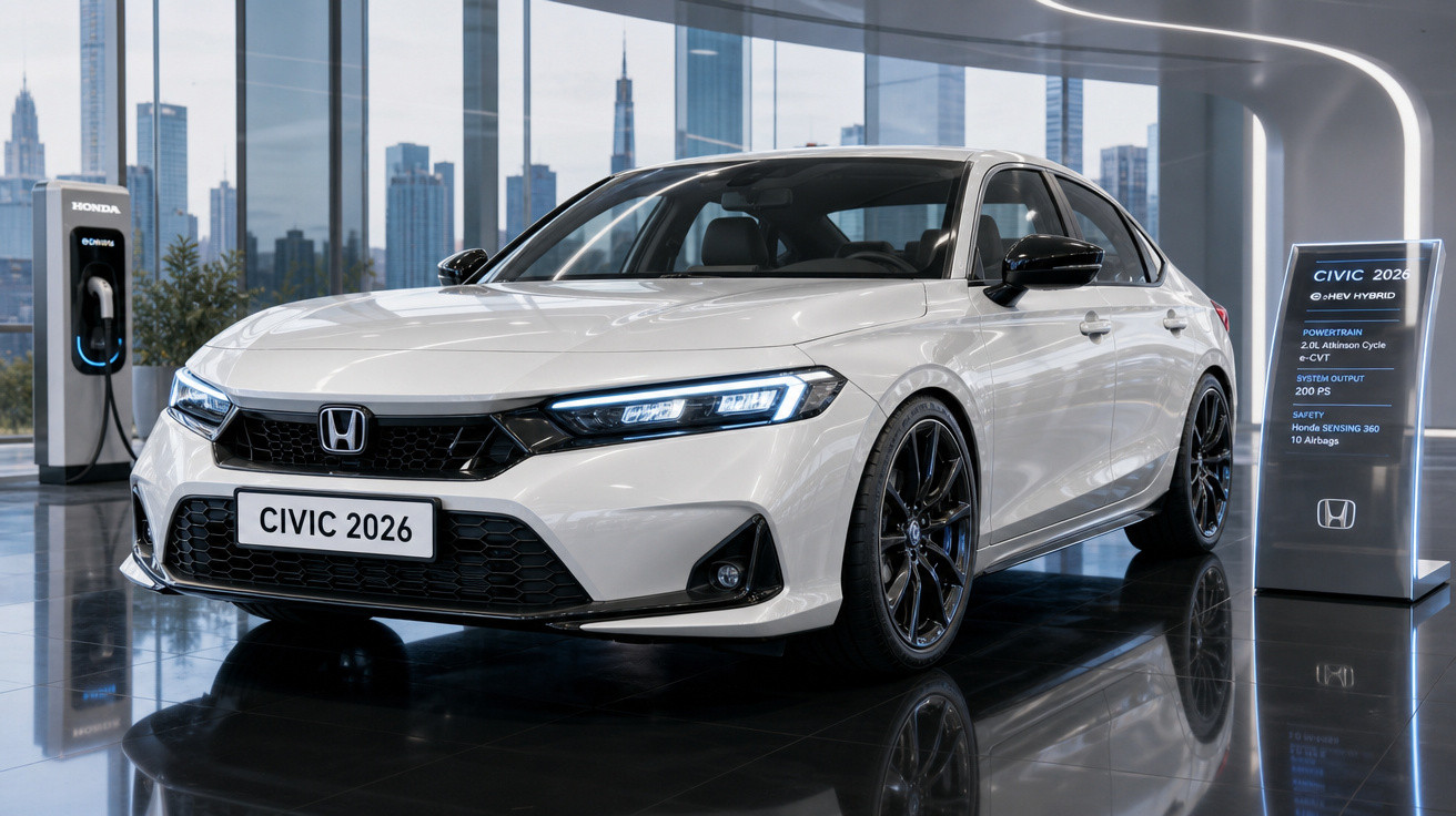 Honda Civic 2026 branco exposto em showroom moderno com painel de informações ao lado e estação de recarga elétrica.